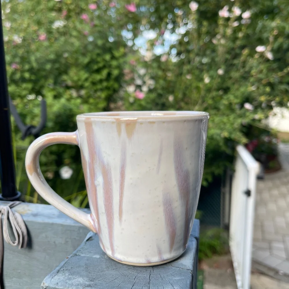 New Crate & Barrel white mug with pink, purple, orange tie dye/watercolor